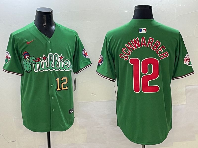 Men Philadelphia Phillies #12 Schwarber Green Three generations Joint Name Game 2025 Nike MLB Jersey style 2